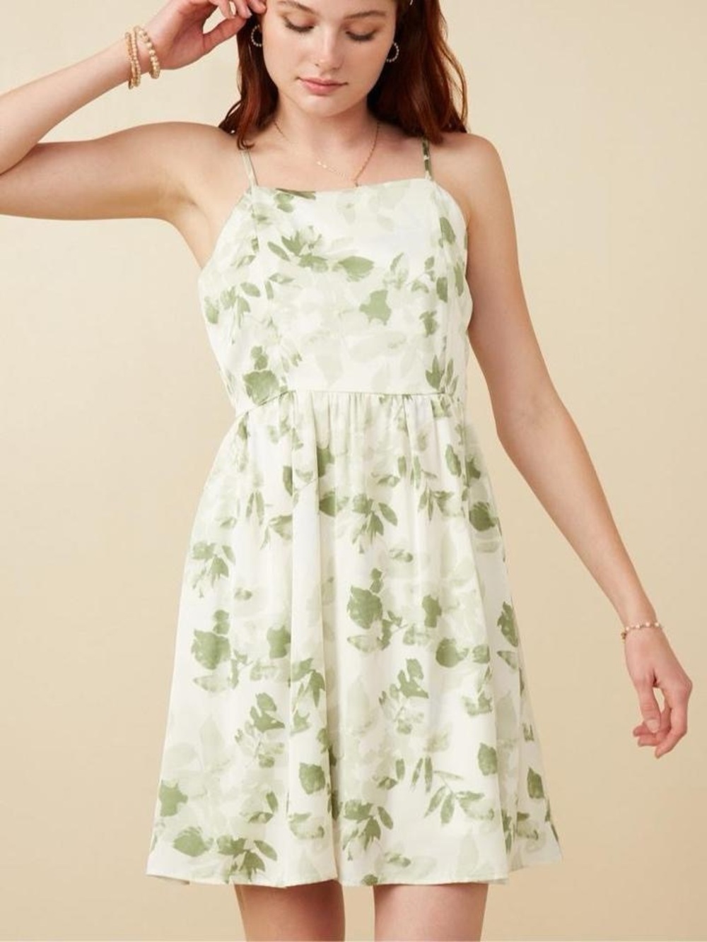 Hayden Los Angeles Floral Tank Dress Featuring Sage Green Leaf Pattern